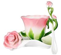 Dandat Set di tazze da tè e piattini in ceramica con cucchiaio, tazza a forma di fiore di rosa e salsa, simpatiche tazze da tè da 170 ml, tazza da tè con fiori, festa della mamma, gradimento