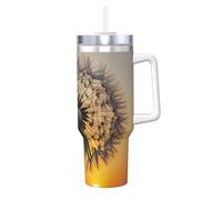 Dandelions At Sunset - Bicchiere da caffè con manico e cannuccia, isolamento sottovuoto, in acciaio inox, a doppia parete, elegante, da viaggio, con supporto per tazza da caffè, base amichevole per