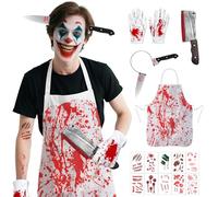 Dandin Costume da macellaio di Halloween, costumi di Halloween da uomo, costume da macellaio per uomo, grembiule insanguinato, guanti, fasce per capelli, coltello da chef, adesivi realistici per