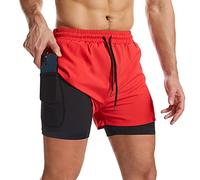 Danfiki Pantaloncini Sportivi da Uomo Running Shorts Asciugatura Rapida con Tasca per Jogging Tennis Fitness Allenamento 2 in 1,Rosso,S