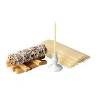 Danilovo Set Palo Santo Purificazione Negatività: 5 Bastoncini Palo Santo, 1 Mazzetto Salvia Bianca, 50 Candele in Cera d'Api e 1 Portacandele - Kit Meditazione, Purificazione Aria e Aromaterapia