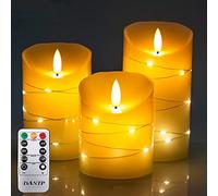 DANIP Flameless LED Candle with Built-in Fairy Wire, 3-Piece LED Candle with 10-Key Remote Control, 24 Hour Timer Function, Dancing Flame, Real Wax, Battery Powered (Ivory White