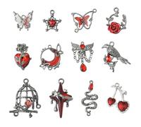 DanLingJewelry 12 ciondoli misti in stile gotico nero con strass rossi, a forma di cuore, stella, farfalla, serpente, per collane fai da te e gioielli