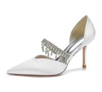 DANOBAB Donne per Sandali Cinturino alla Caviglia in Raso Punta Chiusa Mary Jane Strass Scarpe Estive Casual per Abito da Festa di Nozze,Bianca,41