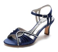 DANOBAB Sandali con Tacone per Donne, Tacone Spesso Punta Aperta Mary Jane Strass Fibbia Cinturino Intorno al Tallone, Scarpe da Matrimonio 6,48 Centimetri,Dark Blue,40