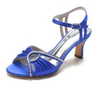 DANOBAB Sandali con Tacone per Donne, Tacone Spesso Punta Aperta Mary Jane Strass Fibbia Cinturino Intorno al Tallone, Scarpe da Matrimonio 6,48 Centimetri,Blu,38