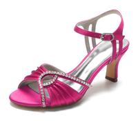 DANOBAB Sandali con Tacone per Donne, Tacone Spesso Punta Aperta Mary Jane Strass Fibbia Cinturino Intorno al Tallone, Scarpe da Matrimonio 6,48 Centimetri,Rose Red,40