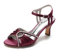 DANOBAB Sandali con Tacone per Donne, Tacone Spesso Punta Aperta Mary Jane Strass Fibbia Cinturino Intorno al Tallone, Scarpe da Matrimonio 6,48 Centimetri,Burgundy,40