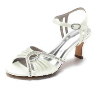 DANOBAB Sandali con Tacone per Donne, Tacone Spesso Punta Aperta Mary Jane Strass Fibbia Cinturino Intorno al Tallone, Scarpe da Matrimonio 6,48 Centimetri,Avorio,38