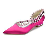 DANOBAB Scarpe da Sposa Donna a Tacco Basso - Eleganti Scarpe Basse in Raso con Punta a Spillo e Strass - Perfette per Sposa Prom Balletta Slip-On,Rose Red,39