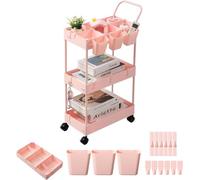 danpinera Carrello a rotelle stretto, per bambini, carrello da portata con 3 ripiani, carrello da cucina con divisori, ganci e tazze appese, carrello per nicchia per la cameretta dei bambini, cucina