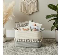 danpinera Cestini portaoggetti 38x25x22cm - Cesto intrecciato a mano con nappe, cesto per giocattoli, cesto in corda per soggiorno, organizer decorativo per cestini intrecciati bianco e grigio