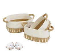 danpinera Set di 3 Cestini Portaoggetti,Piccoli Cestini in Cotone Intrecciato per Camera, Bagno e Mensole, Impilabile Organizer Fasciatoio, Ceste Portaoggetti, Bianco e Cachi
