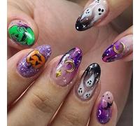 Danshinbow 24 PZ Halloween Stampa sulle Unghie Mandorla Chiodi Falsi Zucca Fantasma Spider Web Design Carino Falsi Chiodi Lucide per le Donne (Multicolore, Taglia unica)
