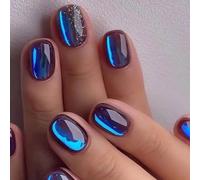 Danshinbow 24pcs Breve Quadrato Fake Unghie Strass Gradiente Nudo Rosa Glitter Chiodi Falsi Stampa su Unghie per Donne e Ragazze (Blu)