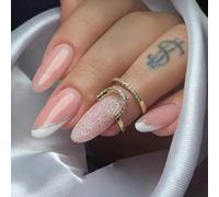 Danshinbow 24pcs Francese Lungo Mandorla Cristallo Falso Unghie Nude Flash Polvere Foglio d'Oro Chiodi Falsi Strass Stampa su Unghie per Donne e Ragazze (Rosa2)