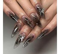 Danshinbow 24pcs Lungo Halloween Dark Series Chiodi Falsi Gradiente Serpente Punta Chiodi Falsi Fiore Bow Pearl Nails per le Donne e le Ragazze (Nero3)