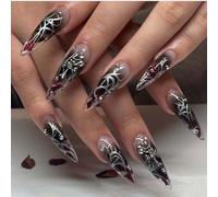 Danshinbow 24pcs Lungo Halloween Dark Series Chiodi Falsi Gradiente Serpente Punta Chiodi Falsi Fiore Bow Pearl Nails per le Donne e le Ragazze (Nero1)