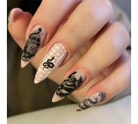 Danshinbow 24pcs Lungo Halloween Dark Series Chiodi Falsi Gradiente Serpente Punta Chiodi Falsi Fiore Bow Pearl Nails per le Donne e le Ragazze (Nero2)