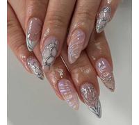 Danshinbow 24pcs Lungo Mandorla Cristallo Falso unghia Gradiente Nudo Gocce d'acqua False Unghie Acqua Ripple Strass Stampa per Donne e Ragazze (Rosa)