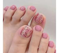 Danshinbow 24pcs Quadrato Nudo Fake ToeNails Glitter Oro Foglio Fiore False Toe Nail Lucido per le donne e le ragazze (Rosa 3)
