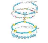 Danshinbow 3 PZ Multistrato Blu Shell Sea Turtle Cavigliera Oro Beach Foot Gioielli Regolabile Seed Beading Turchese Starfish Cavigliera Braccialetti Catena per le Donne e Ragazze (Blu C)