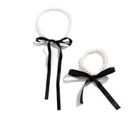 Danshinbow Set di 2 collane girocollo rotonde con perle nere e nastro di seta, collane e bracciali, gioielli regolabili per donne e ragazze, Metallo, Perla