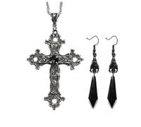 Danshinbow Set di collane e orecchini a forma di croce gotica per Halloween, in stile vintage, con cristalli rossi e neri, con ciondolo a forma, Metallo