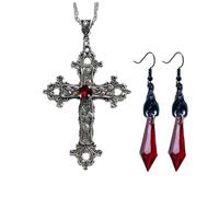 Danshinbow Set di collane e orecchini a forma di croce gotica per Halloween, in stile vintage, con cristalli rossi e neri, con ciondolo a forma, Metallo