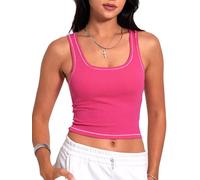 Danysu Canotta da donna a costine imbottita per allenamento top con scollo quadrato crop canotta aderente di base, Rosa caldo, M