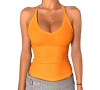 Danysu Canotta da donna con scollo a V, imbottita, a costine, aderente, Calendula neon, M