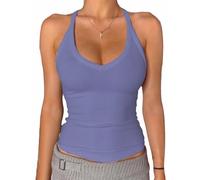 Danysu, canotta da donna, scollo a V, Racerback, imbottita, a costine, lunga, aderente, basic Cami Tops, Cielo blu, XL