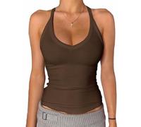 Danysu Canotta da donna, scollo a V, Racerback, imbottita, a costine, lunga, aderente, Basic Cami Tops, marrone cacao, L