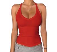 Danysu Canotta da donna, scollo a V, Racerback, imbottita, a costine, lunga, aderente, Basic Cami Tops, Rosso caldo, L