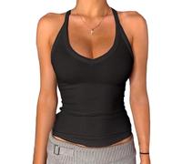 Danysu Canottiera con scollo a V e scollo a vogatore per donna, imbottita, a costine, lunga, aderente, canotta basica, Nero , XS