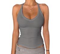 Danysu Canottiera con scollo a V e scollo a vogatore per donna, imbottita, a costine, lunga, aderente, canotta basica, Grigio mlange, L