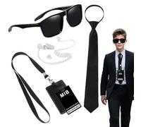 DAOOZHU 6 Pezzi per Costume Accessori Agenti con Occhiali da Sole Neri,Cuffie,Cravatte Regolabili,Porta Carte d'Identità e Cellulare,Pratici Accessori da Spia