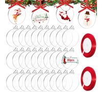 DARENYI 80 Pezzi Pallina di Natale Ornamenti a Disco in Acrilico Trasparente con Nastro Rosso, palline piatte per artigianato, adatti per Etichetta Regalo, decorazioni per l'albero di Natale