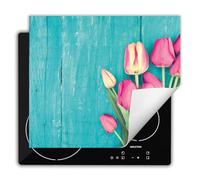 DarHaus Copri Piano Cottura Induzione 60x52 cm Coprifornelli Fornello Proteggi Tutto per la Cucina Fornelli - turchese - legno - tulipani