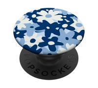 Dark Blue Pastel White Flower Retro Modern Boho Bohemian PopSockets PopGrip Adesivo