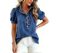,Dark Blue,XXL,Camicia con Bottoni sul Davanti in Jeans con Volant per Donne, Top in Denim con Volant, Maniche a Sbuffo, Camicia Peplo in Jeans, Bluse con Volant per L'Estate