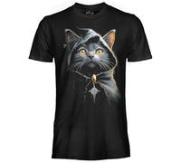 DARK EMBER - T Shirt Uomo Enchanted Cat, Maglia Uomo in Cotone, Maglietta Nera a Maniche Corte, Stampa di Alta qualità con Gatto, vestibilità Unisex Adulto e Ragazzo XS