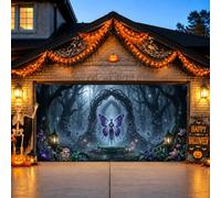 Dark Fantasy Farfalla Foresta Fata Halloween Garage Door Cover 157x71 | Tema della foresta incantata, bandiera per porta del garage, stile arte fantasy, murale su larga scala