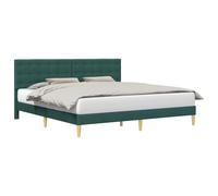 Dark Green Upholstered Bed Frame 200x200 cm Fabric Queen Size Platform Bed with Plywood Headboard Tapered Legs Slatted Base Support 280 kg Weight Capacity Modern Chic Design for Bedroom Living Room
