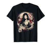 Dark Japanese Kimono Girl Skull Flowers Horror Style Maglietta