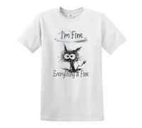 Darkwear Maglietta divertente con gatto e gattino con scritta "I'm Fine Everything is Fine, T-shirt Bianca Stampa Nera, L