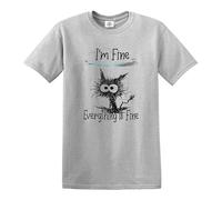 Darkwear Maglietta divertente con gatto e gattino con scritta "I'm Fine Everything is Fine, T-shirt Grigio Stampa Nera, L