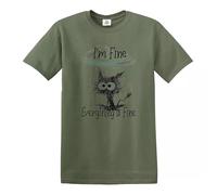 Darkwear Maglietta divertente con gatto e gattino con scritta "I'm Fine Everything is Fine, T-shirt Verde Militare Stampa Nera, L