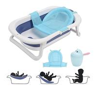 Daromigo Vasca da bagno pieghevole per neonati, con termometro, tappetino da bagno, paletta per l'acqua, per neonati da 0 a 36 mesi, tappo di scarico con cambio colore ad alta temperatura, blu
