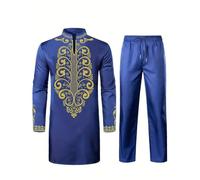 Darringls Abbigliamento Africano Uomo Musulmano Caftano Middle East Thobe Con Pantaloni Set 2 Pezzi Uomini Dashiki Abiti Abiti Costume Islamico - Dubai Arab Abbigliamento, Blu, S